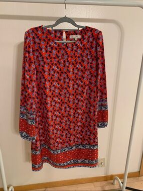 LOFT Red Floral Border-Print Long-Sleeve Dress